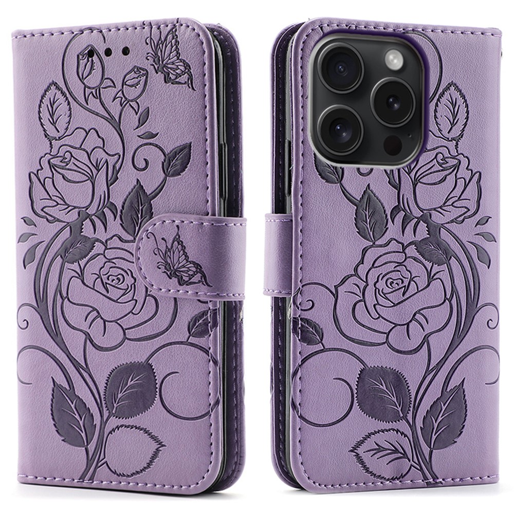 For iPhone 15 Pro Case Wallet Stand Imprinted Rose Butterfly PU Leather Phone Cover - Purple