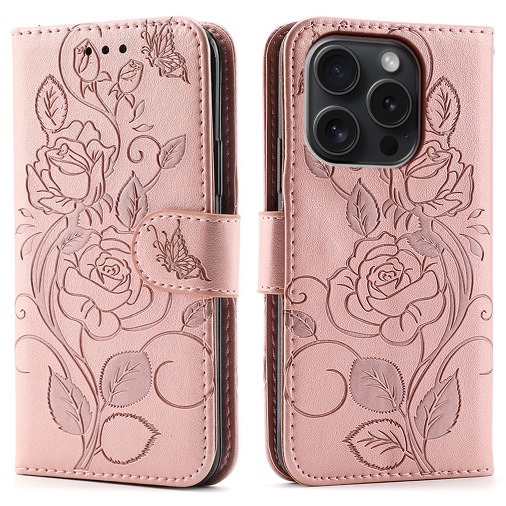 For iPhone 15 Pro Case Wallet Stand Imprinted Rose Butterfly PU Leather Phone Cover - Rose Gold