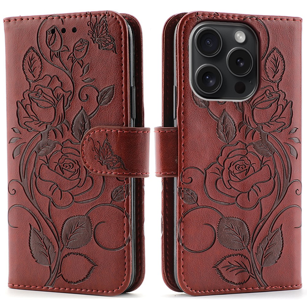 For iPhone 15 Pro Max Case Wallet Stand Imprinted Rose Butterfly PU Leather Phone Cover - Brown