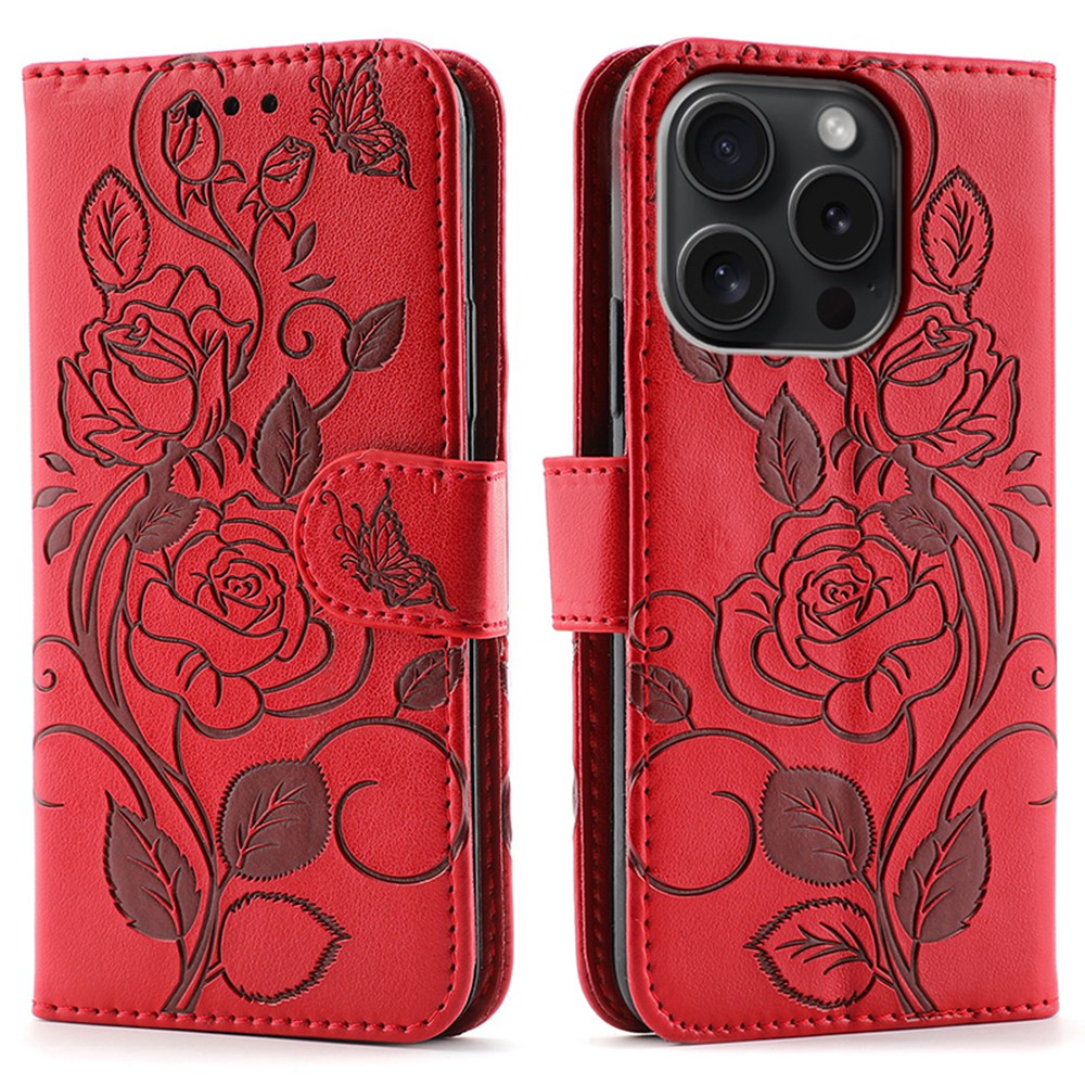 For iPhone 15 Pro Max Case Wallet Stand Imprinted Rose Butterfly PU Leather Phone Cover - Red