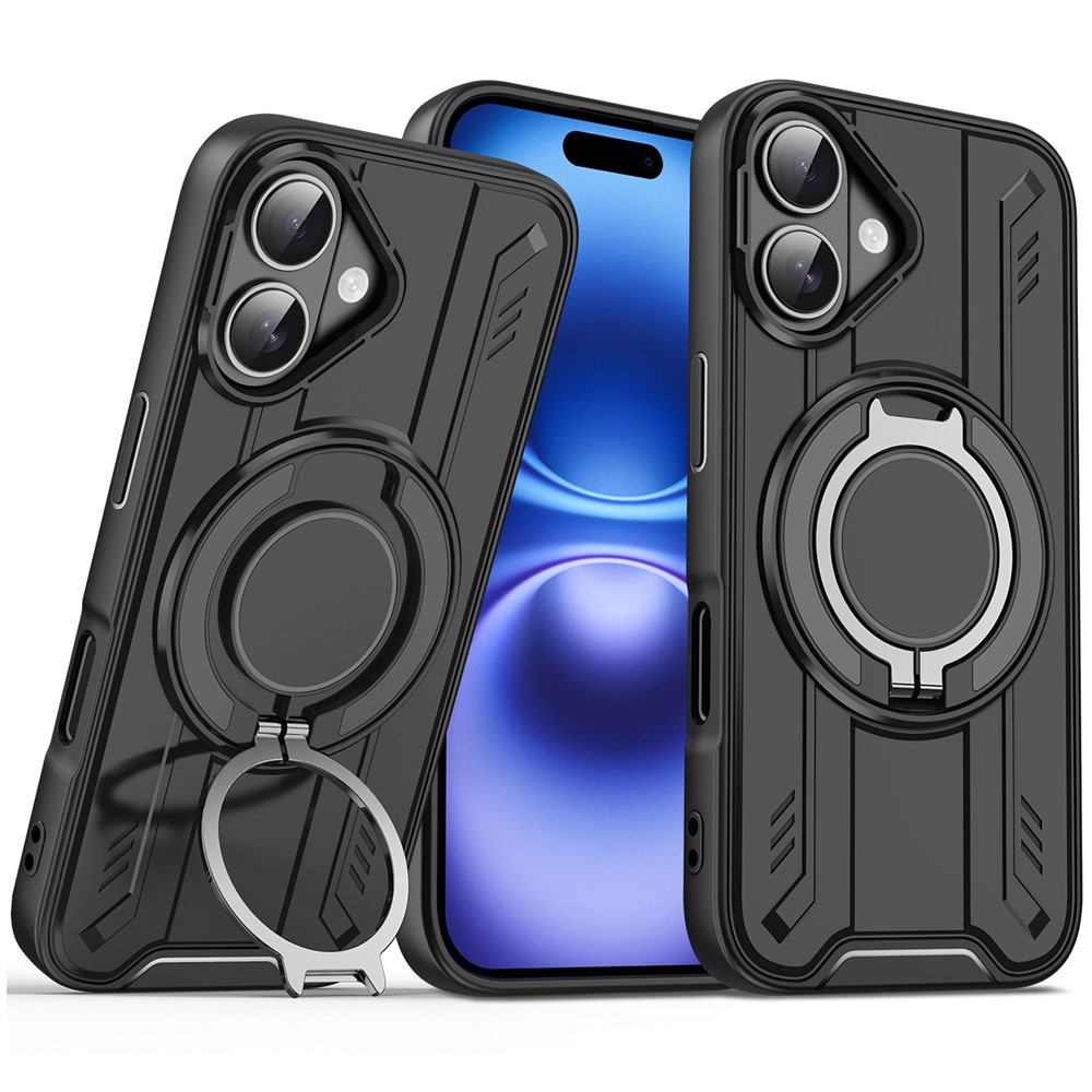 For iPhone 16 Plus Case Compatible with MagSafe Rotating Ring Kickstand PC + TPU Shockproof Phone Cover - Black