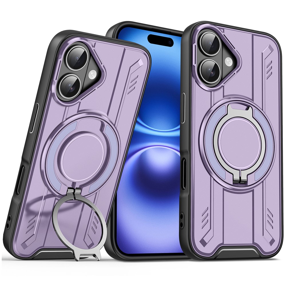 For iPhone 16 Plus Case Compatible with MagSafe Rotating Ring Kickstand PC + TPU Shockproof Phone Cover - Purple