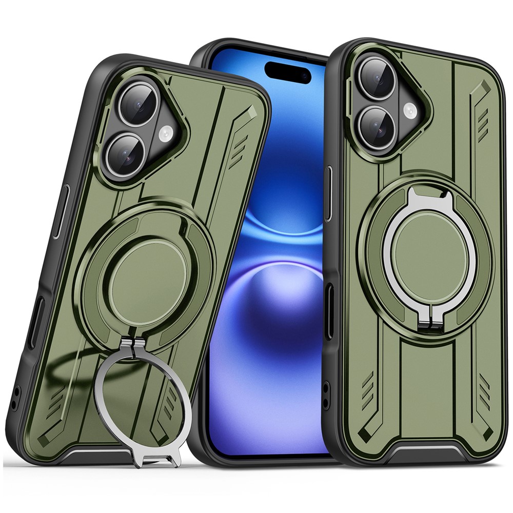 For iPhone 16 Plus Case Compatible with MagSafe Rotating Ring Kickstand PC + TPU Shockproof Phone Cover - Green