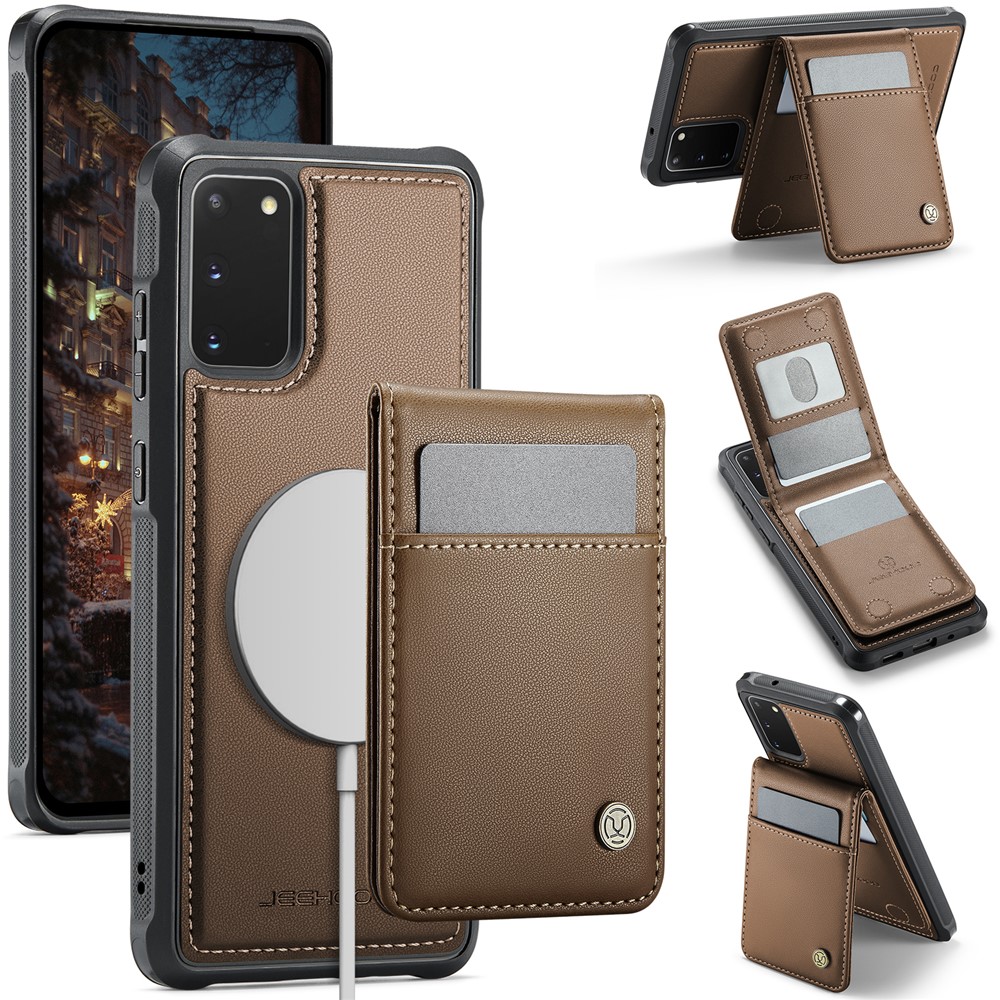 JEEHOOD For Samsung Galaxy S20 5G Leather Back Cover Magnetic Case J06 Phone Case with Card Bag RFID Blocking - Brown