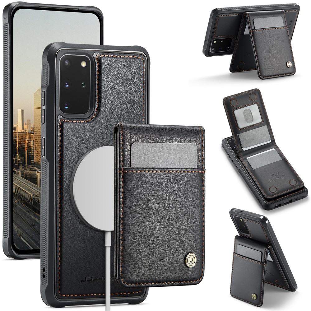 JEEHOOD For Samsung Galaxy S20 Plus 5G Leather Back Cover Magnetic Case J06 Phone Case with Card Bag RFID Blocking - Black