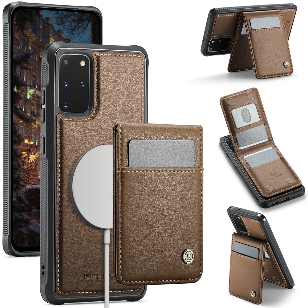 JEEHOOD For Samsung Galaxy S20 Plus 5G Leather Back Cover Magnetic Case J06 Phone Case with Card Bag RFID Blocking - Brown