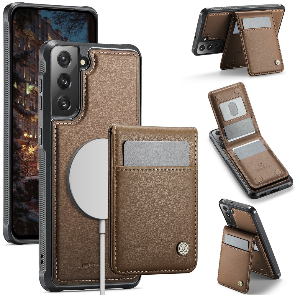 JEEHOOD For Samsung Galaxy S21 FE 5G Leather Back Cover Magnetic Case  J06 Phone Case with Card Bag RFID Blocking - Brown
