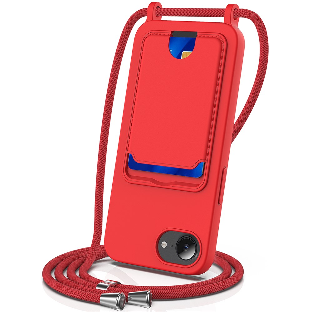 For iPhone 16e Case Liquid Silicone Card Holder Back Phone Cover with Lanyard - Red