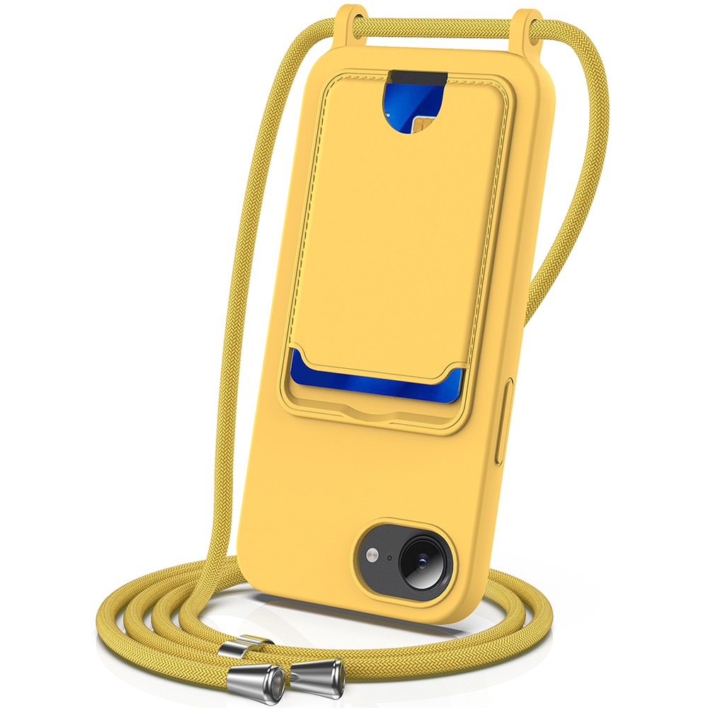 For iPhone 16e Case Liquid Silicone Card Holder Back Phone Cover with Lanyard - Yellow