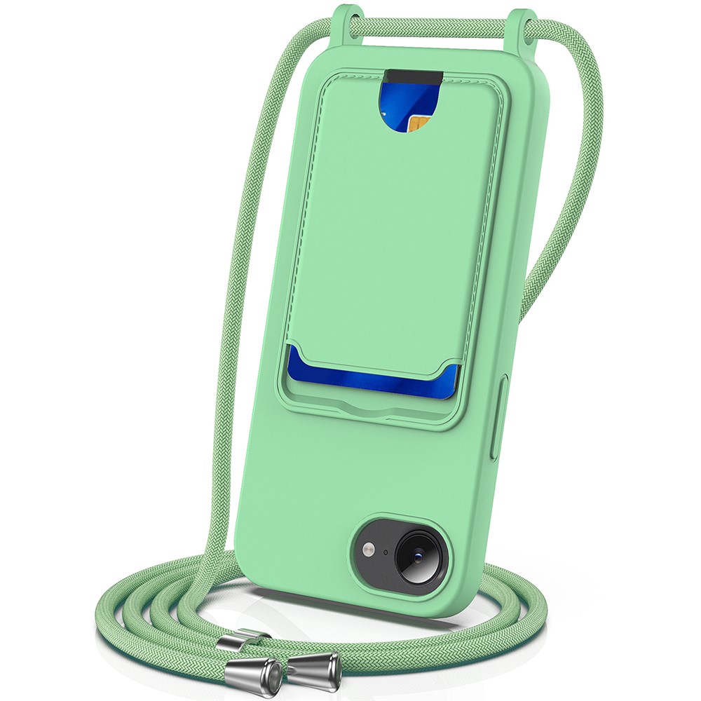 For iPhone 16e Case Liquid Silicone Card Holder Back Phone Cover with Lanyard - Green