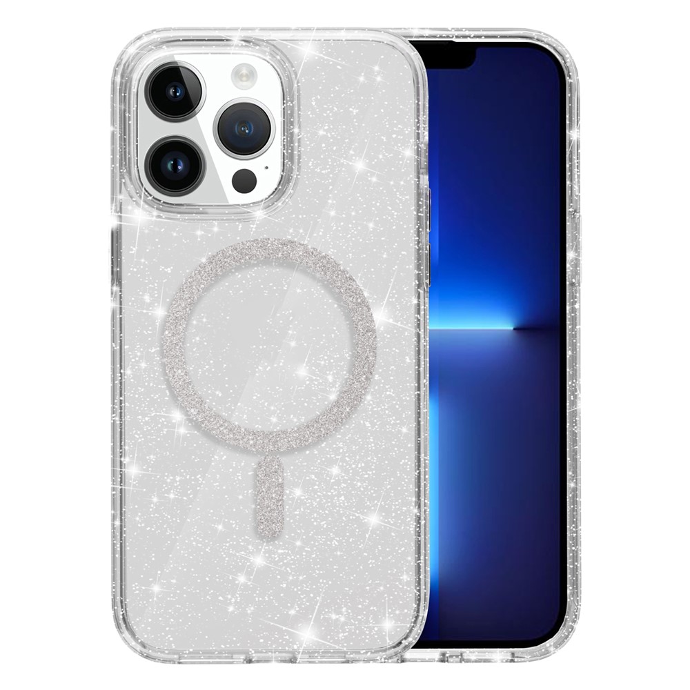 For iPhone 13 Pro Phone Case Compatible with MagSafe Glitter PC + TPU Hybrid Shockproof Cover - White