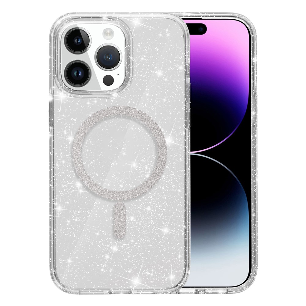 For iPhone 14 Pro Max Phone Case Compatible with MagSafe Glitter PC + TPU Hybrid Shockproof Cover - White