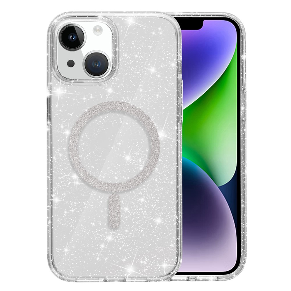 For iPhone 15 Plus / 14 Plus Phone Case Compatible with MagSafe Glitter PC + TPU Hybrid Shockproof Cover - White