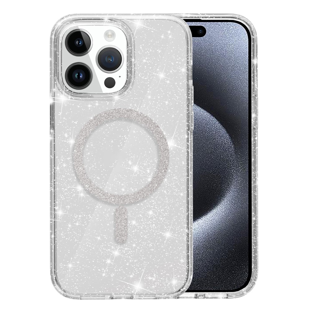 For iPhone 15 Pro Max Phone Case Compatible with MagSafe Glitter PC + TPU Hybrid Shockproof Cover - White