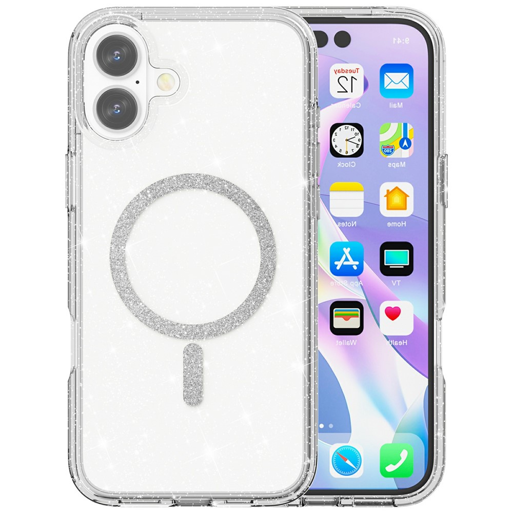 For iPhone 16 Plus Phone Case Compatible with MagSafe Glitter PC + TPU Hybrid Shockproof Cover - White