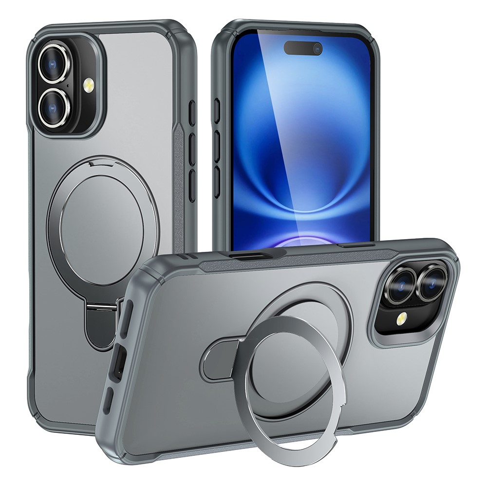 For iPhone 16 Plus Case with Magnetic Kickstand TPU + PC Anti Drop Phone Cover - Grey