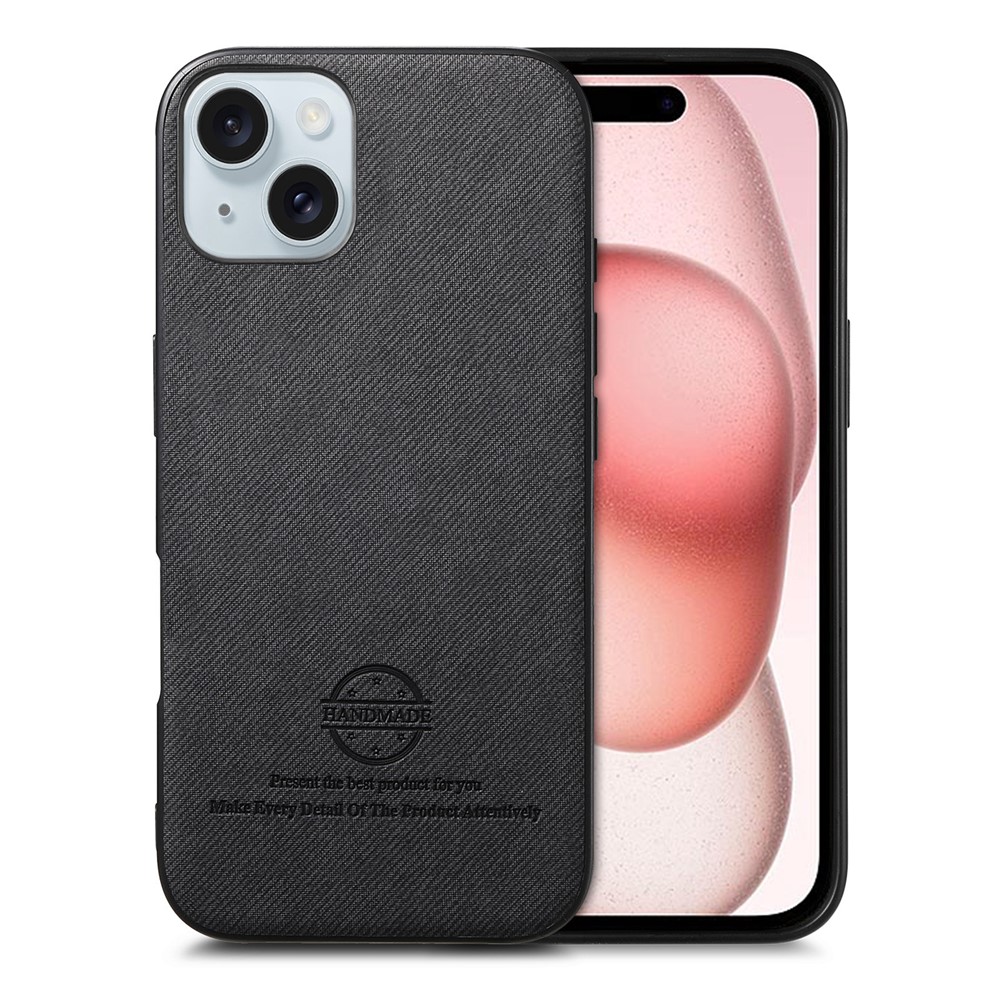 For iPhone 15 Leather Phone  Back Cover with Cloth Texture - Black
