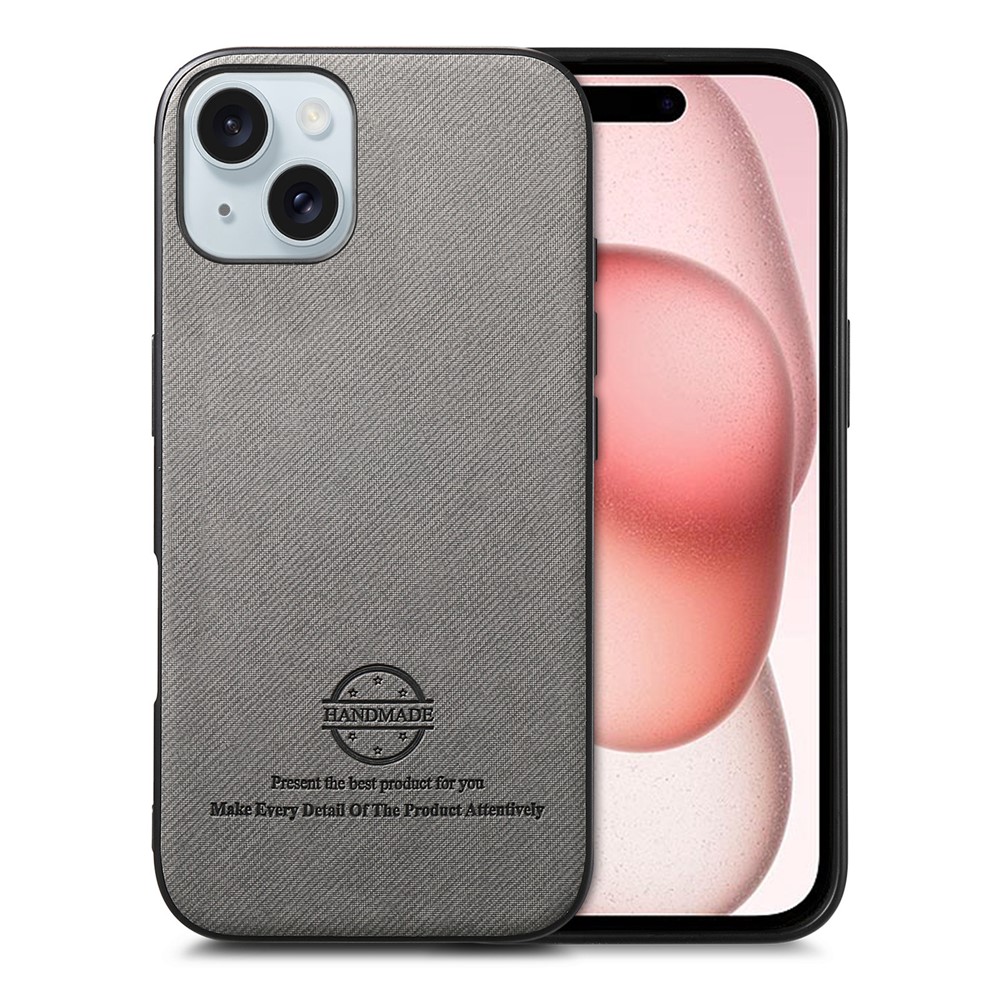 For iPhone 15 Leather Phone  Back Cover with Cloth Texture - Grey