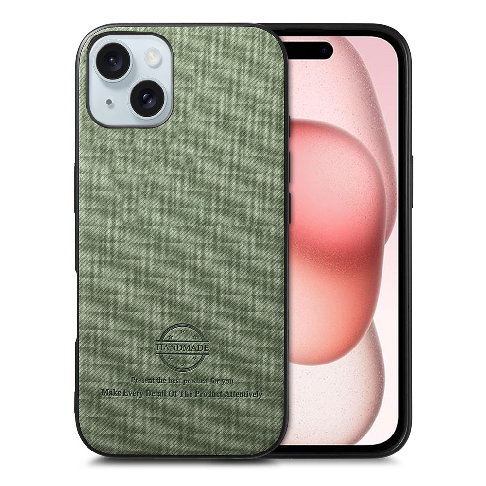 For iPhone 15 Leather Phone  Back Cover with Cloth Texture - Green