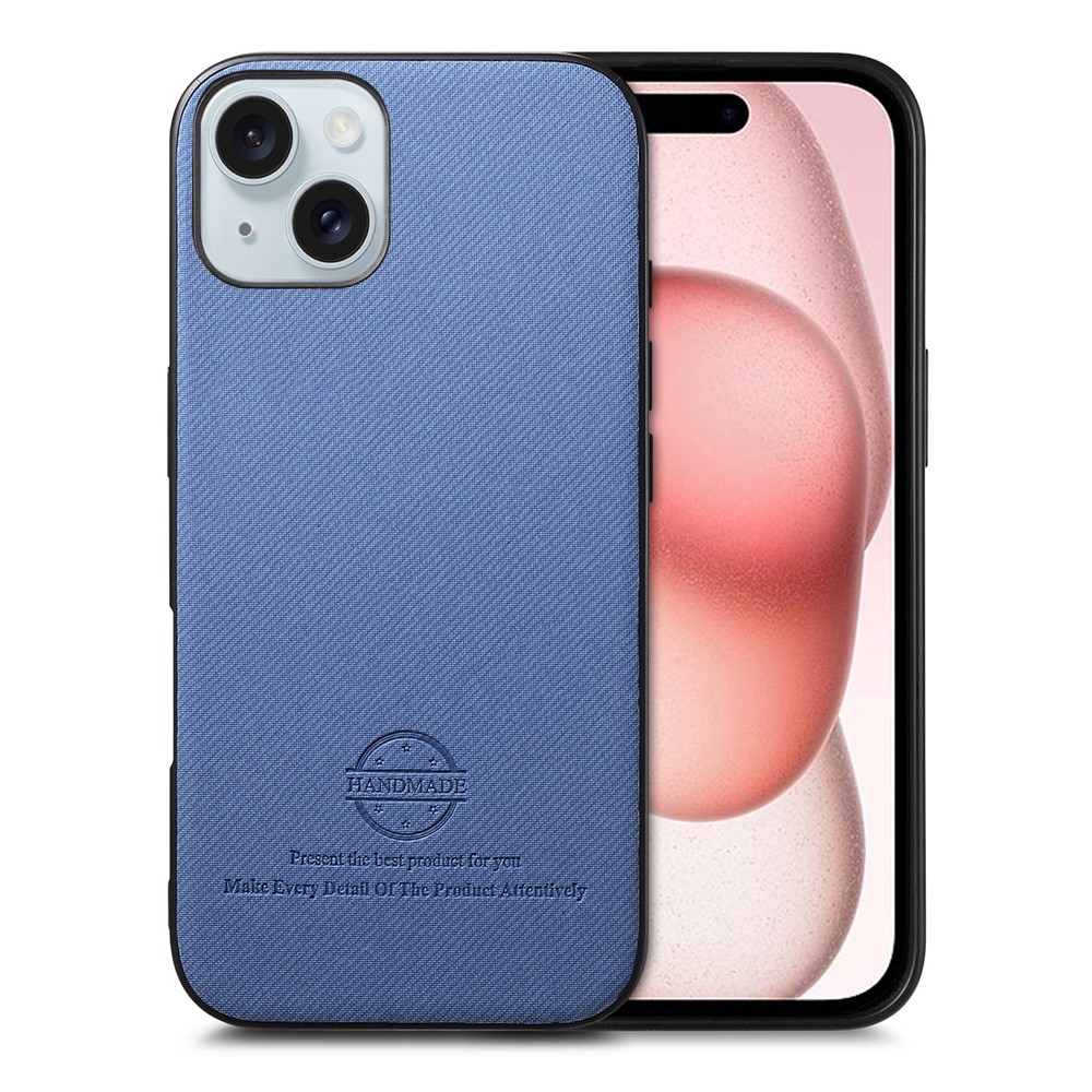 For iPhone 15 Leather Phone  Back Cover with Cloth Texture - Blue