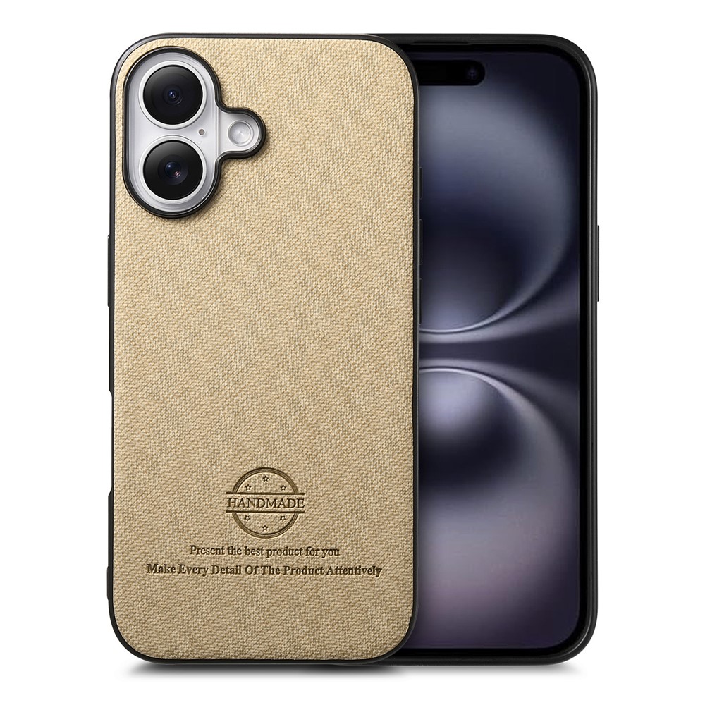 For iPhone 16 Leather Phone  Back Cover with Cloth Texture - Khaki
