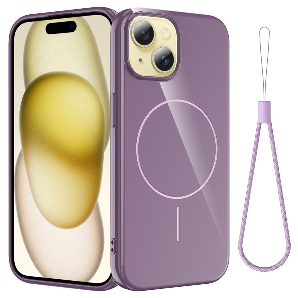 For iPhone 15 Magnetic Case Compatible with MagSafe TPU Phone Back Cover with Lanyard - Purple