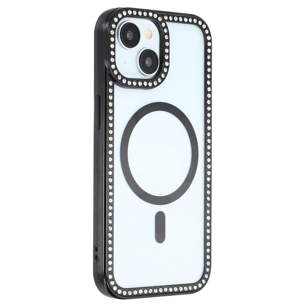 For iPhone 15 Case Compatible with MagSafe Sparkling Rhinestone Decor TPU + PC Clear Phone Back Cover - Black