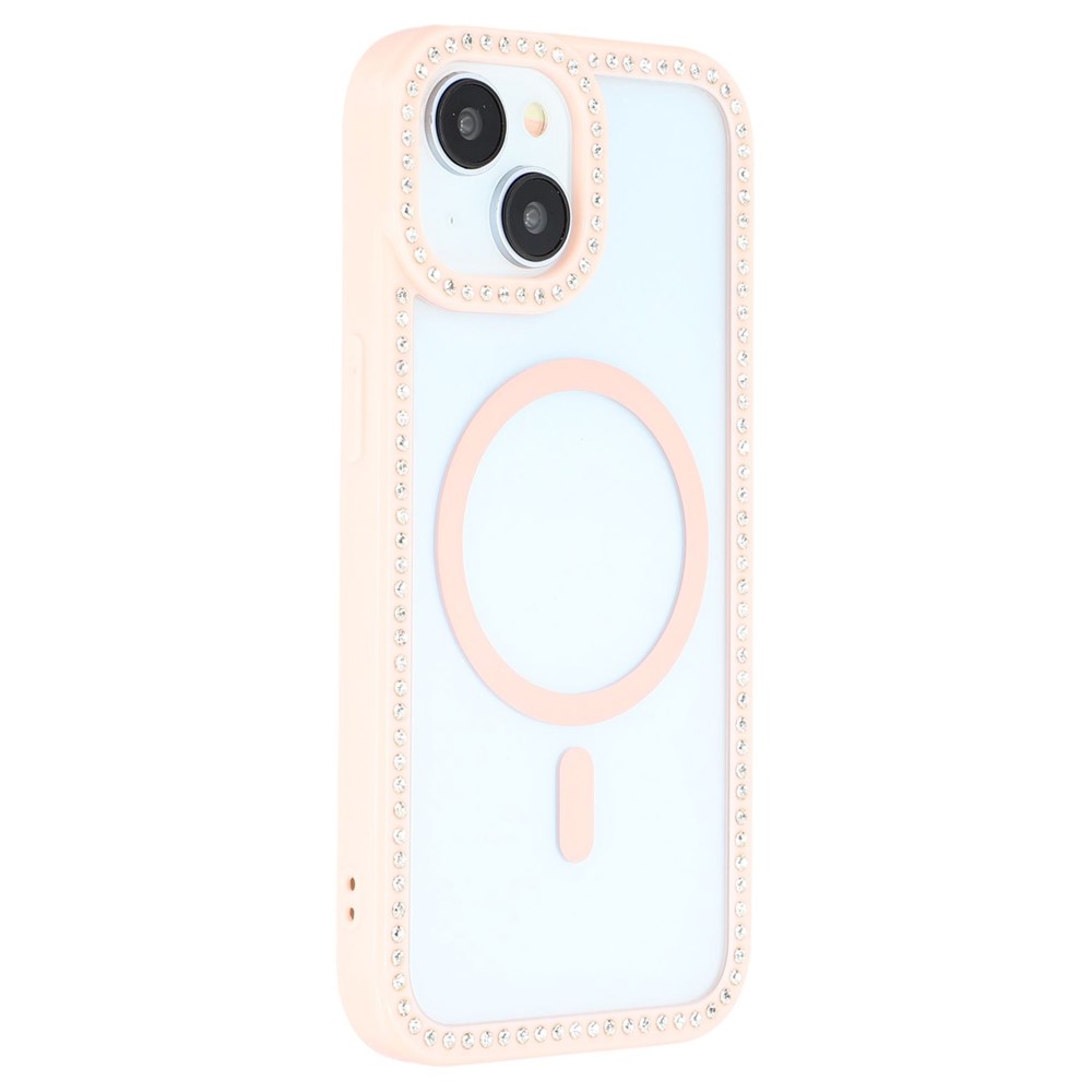 For iPhone 15 Case Compatible with MagSafe Sparkling Rhinestone Decor TPU + PC Clear Phone Back Cover - Pink