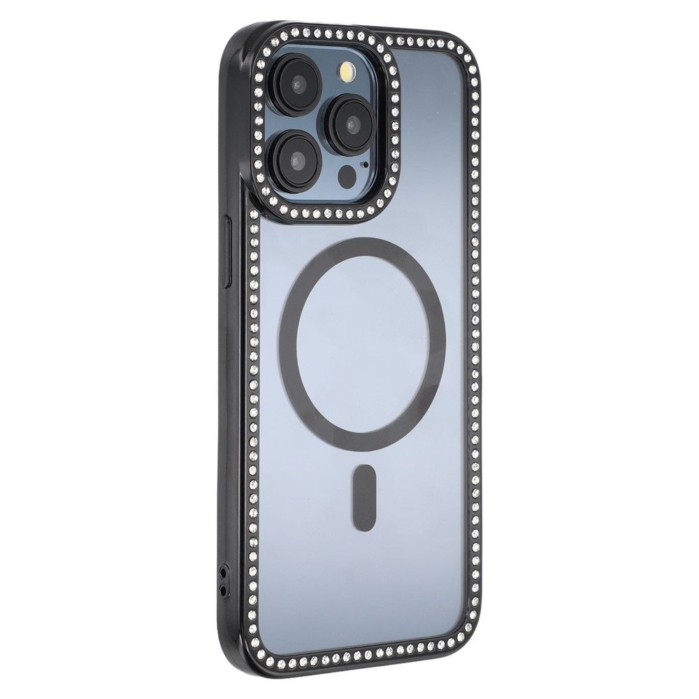 For iPhone 15 Pro Case Compatible with MagSafe Sparkling Rhinestone Decor TPU + PC Clear Phone Back Cover - Black