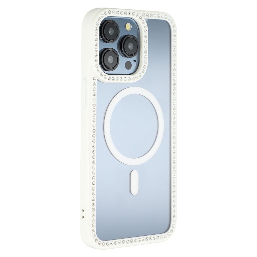 For iPhone 15 Pro Max Case Compatible with MagSafe Sparkling Rhinestone Decor TPU + PC Clear Phone Back Cover - White