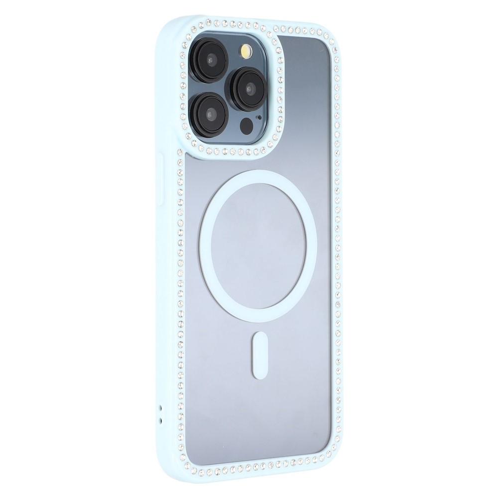 For iPhone 15 Pro Max Case Compatible with MagSafe Sparkling Rhinestone Decor TPU + PC Clear Phone Back Cover - Blue