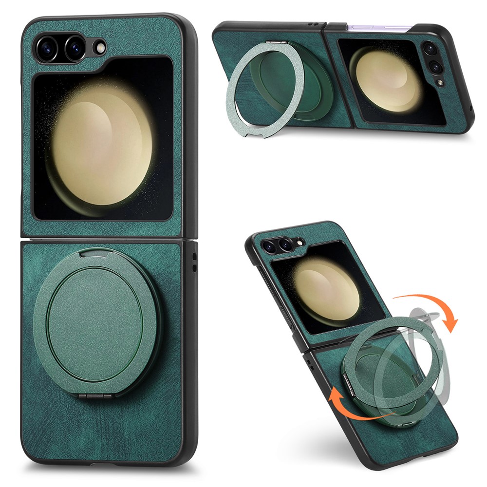 For Samsung Galaxy Z Flip5 5G Phone Case with Rotating Kickstand Stress Relief Retro Leather Back Cover - Green
