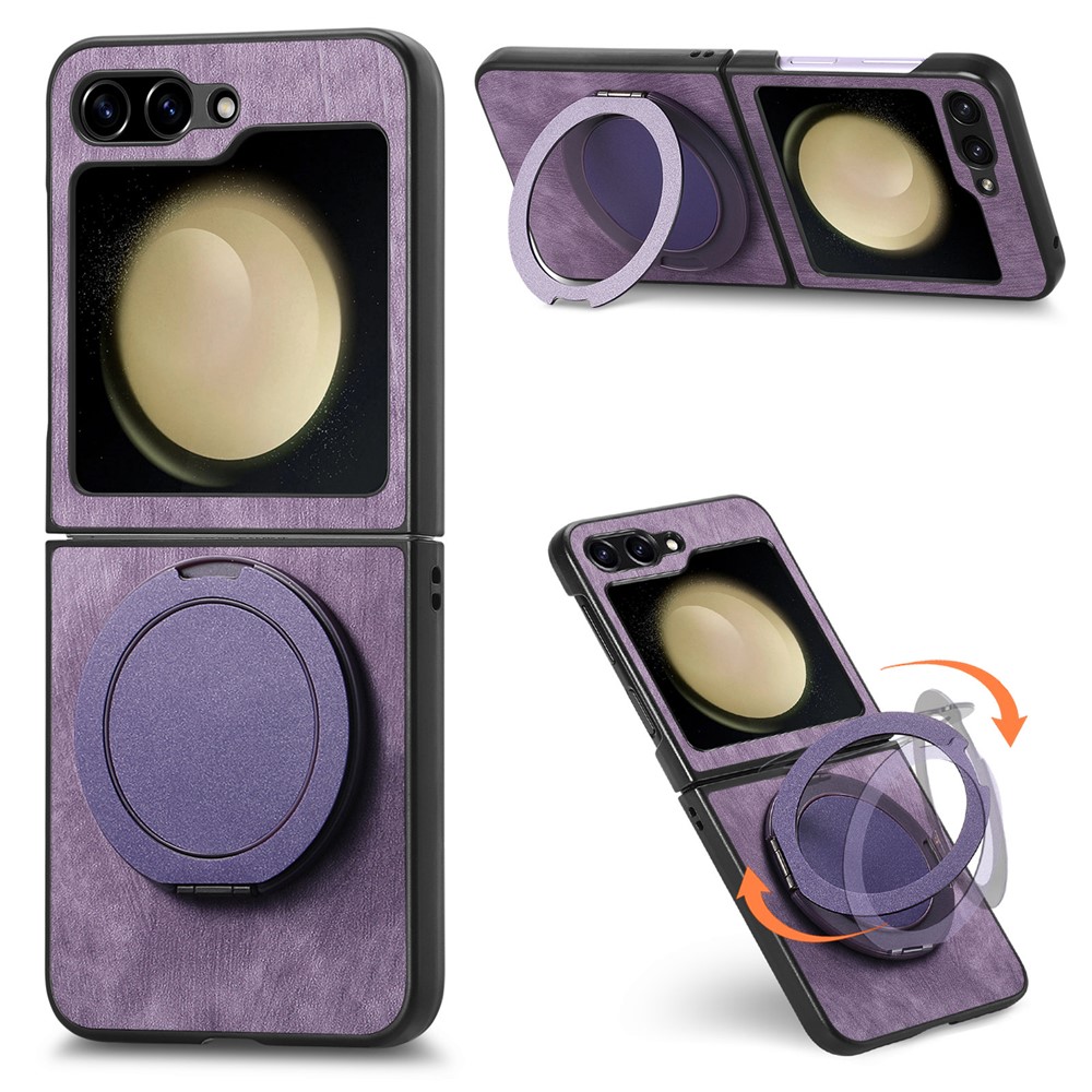 For Samsung Galaxy Z Flip5 5G Phone Case with Rotating Kickstand Stress Relief Retro Leather Back Cover - Purple