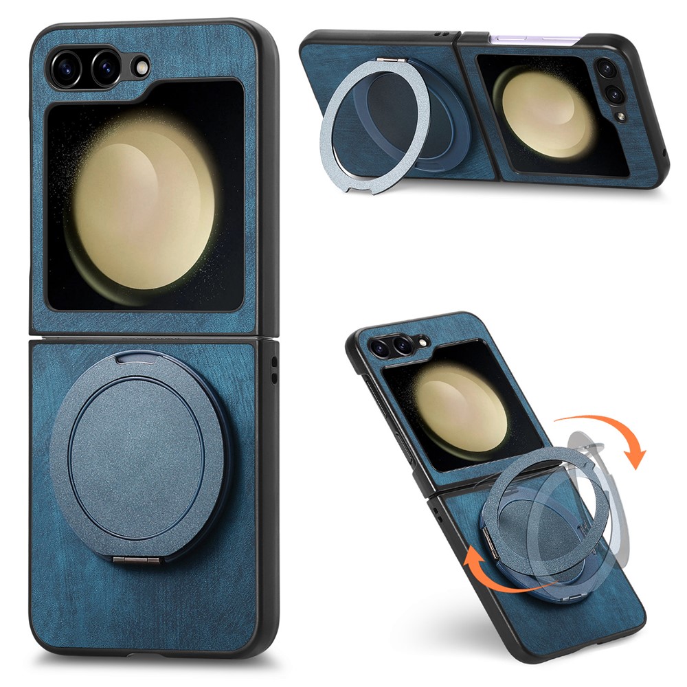 For Samsung Galaxy Z Flip5 5G Phone Case with Rotating Kickstand Stress Relief Retro Leather Back Cover - Blue