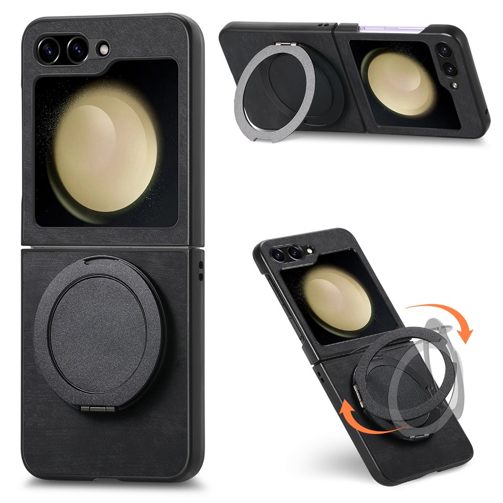 For Samsung Galaxy Z Flip5 5G Phone Case with Rotating Kickstand Stress Relief Retro Leather Back Cover - Black