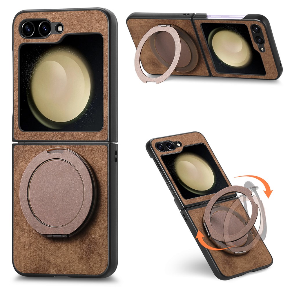 For Samsung Galaxy Z Flip5 5G Phone Case with Rotating Kickstand Stress Relief Retro Leather Back Cover - Brown