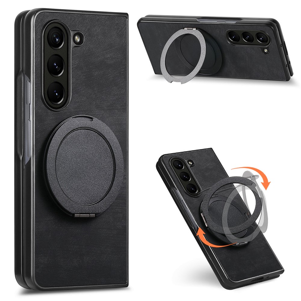 For Samsung Galaxy Z Fold5 5G Phone Case with Rotating Kickstand Stress Relief Retro Leather Back Cover - Black