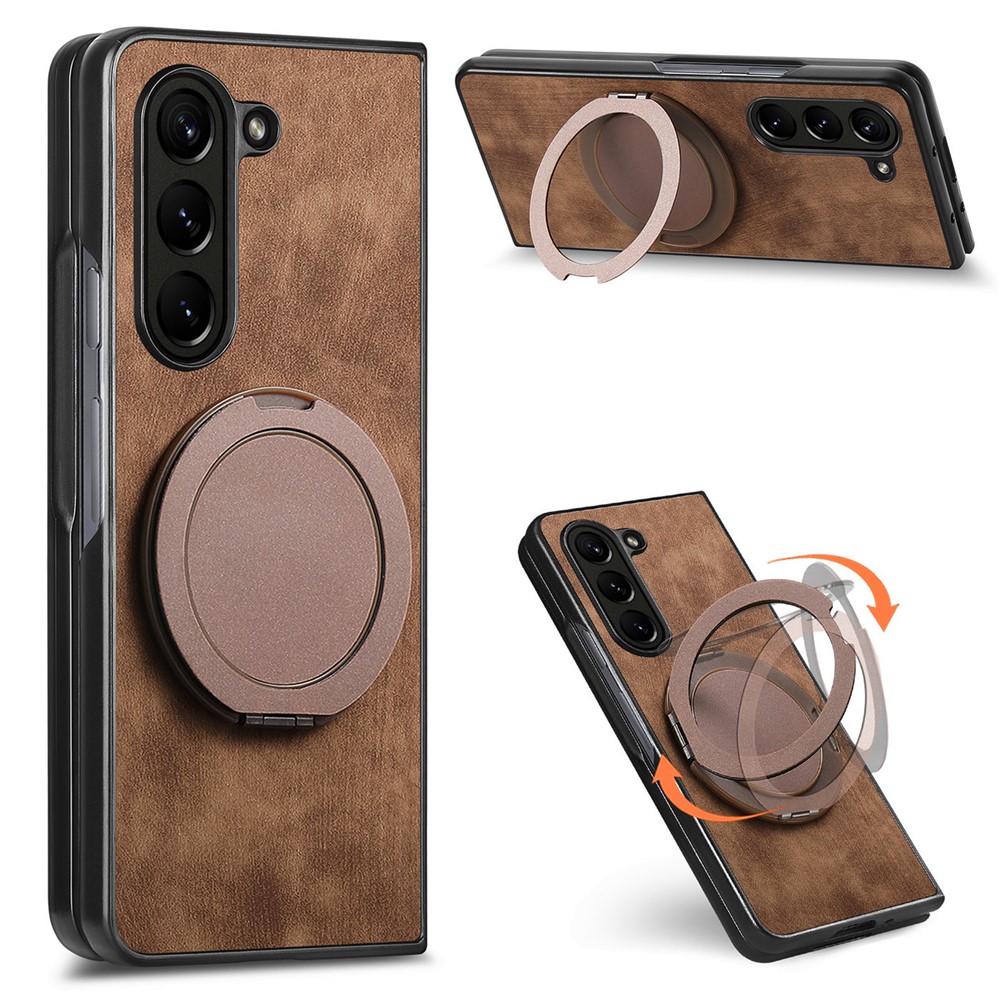 For Samsung Galaxy Z Fold5 5G Phone Case with Rotating Kickstand Stress Relief Retro Leather Back Cover - Brown
