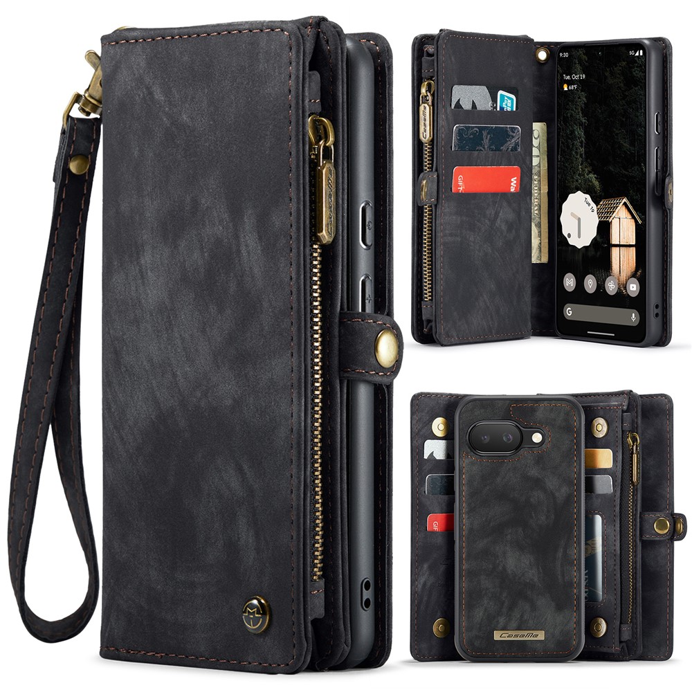 For Google Pixel 9a Phone Cases CASEME 008 Leather Cover with Detachable Wallet and Strap - Black
