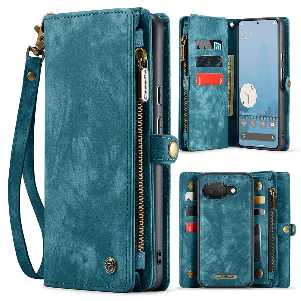 For Google Pixel 9a Phone Cases CASEME 008 Leather Cover with Detachable Wallet and Strap - Blue