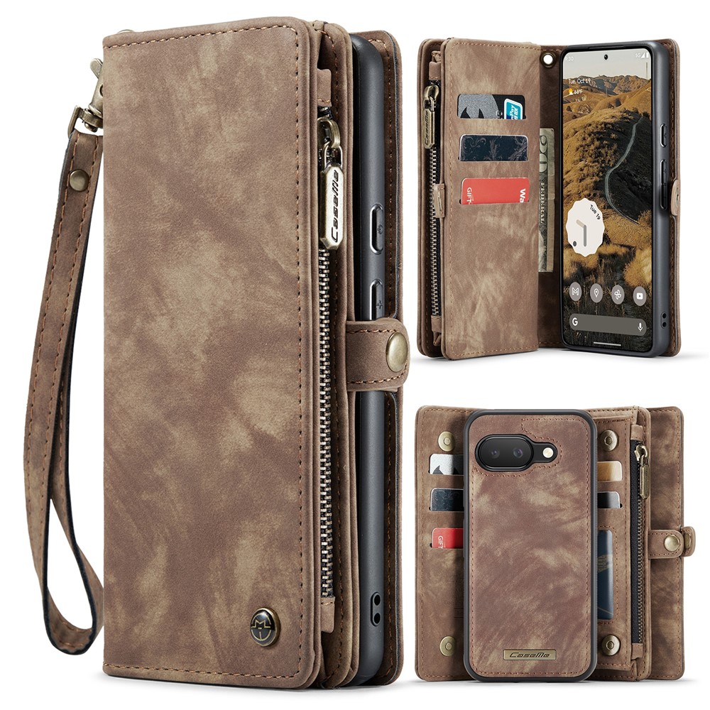 For Google Pixel 9a Phone Cases CASEME 008 Leather Cover with Detachable Wallet and Strap - Brown