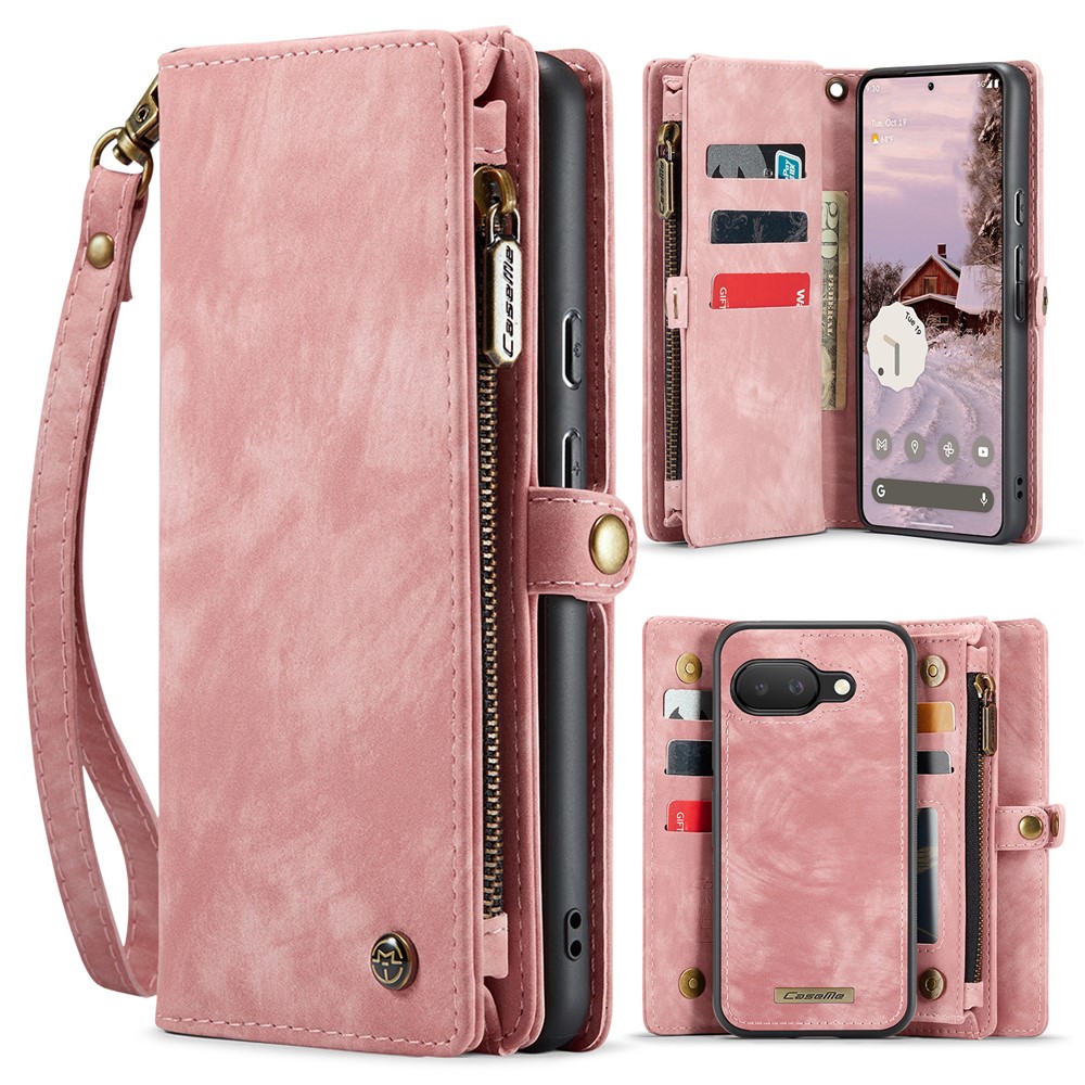 For Google Pixel 9a Phone Cases CASEME 008 Leather Cover with Detachable Wallet and Strap - Pink