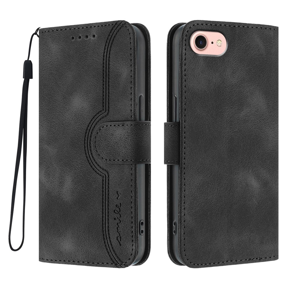 For iPhone 16e Leather Case Wallet Stand Smile Imprinted Phone Cover with Strap - Black