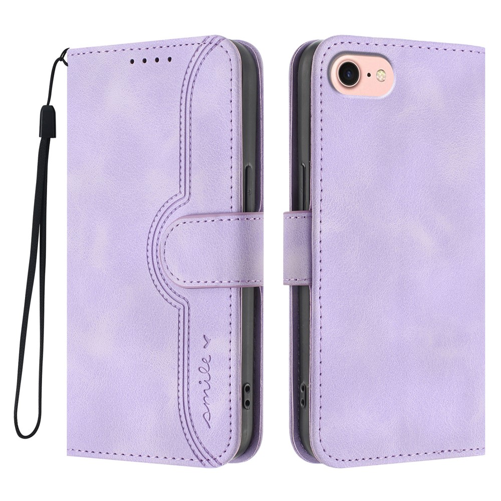 For iPhone 16e Leather Case Wallet Stand Smile Imprinted Phone Cover with Strap - Purple