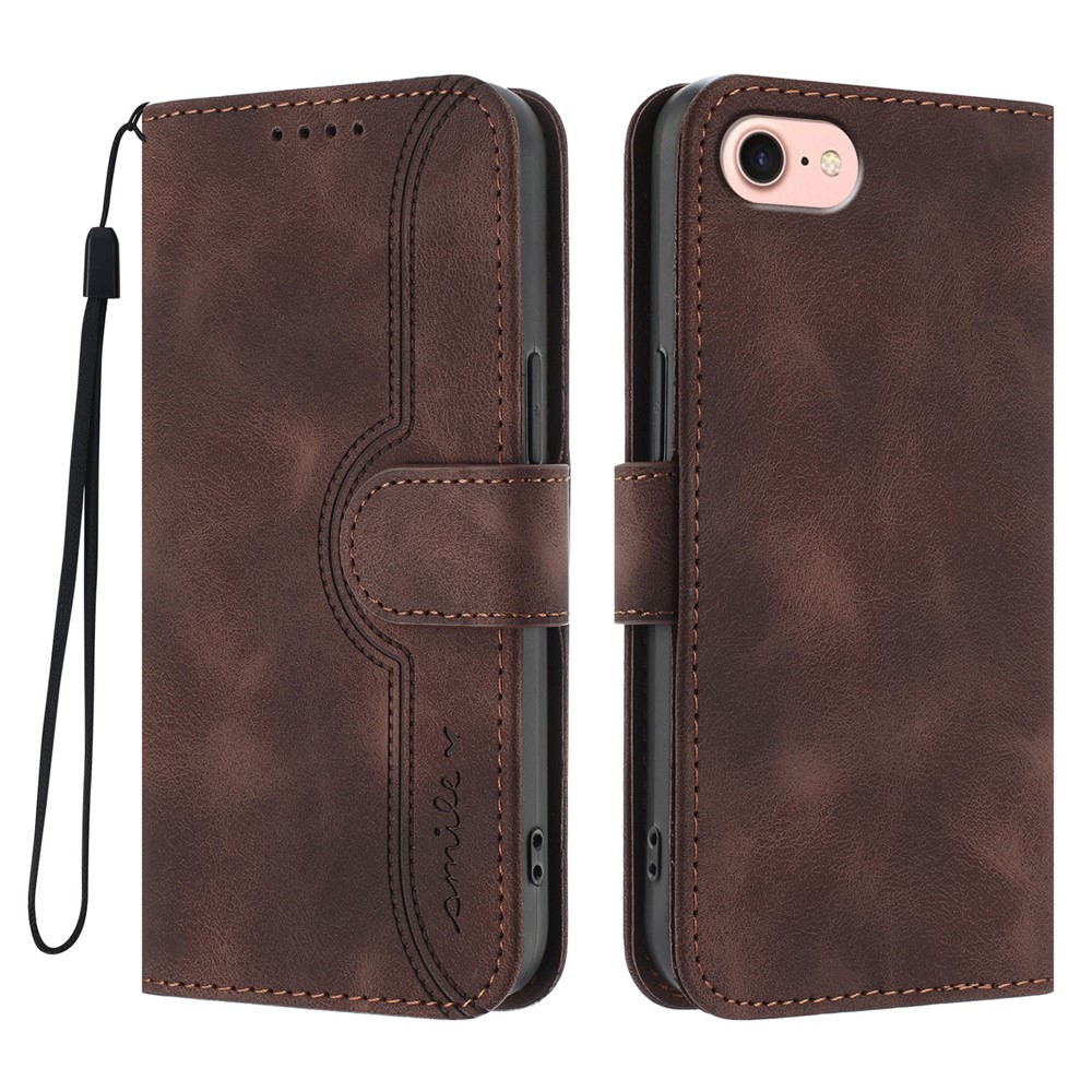 For iPhone 16e Leather Case Wallet Stand Smile Imprinted Phone Cover with Strap - Coffee