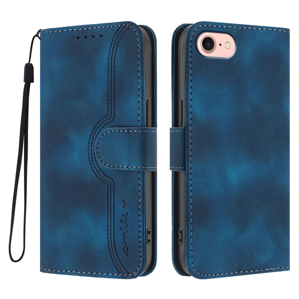 For iPhone 16e Leather Case Wallet Stand Smile Imprinted Phone Cover with Strap - Royal Blue