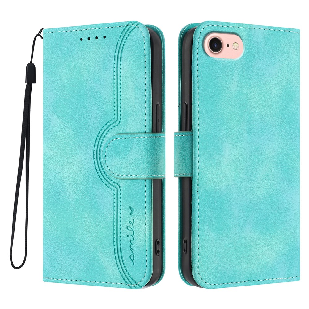 For iPhone 16e Leather Case Wallet Stand Smile Imprinted Phone Cover with Strap - Light Blue