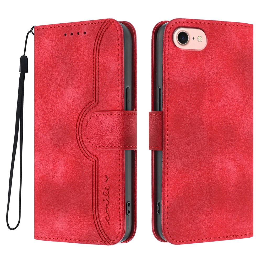 For iPhone 16e Leather Case Wallet Stand Smile Imprinted Phone Cover with Strap - Red