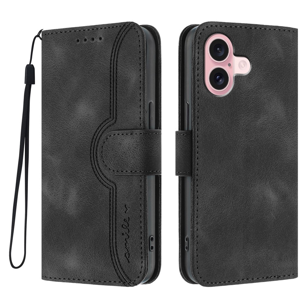 For iPhone 16 Leather Case Wallet Stand Smile Imprinted Phone Cover with Strap - Black