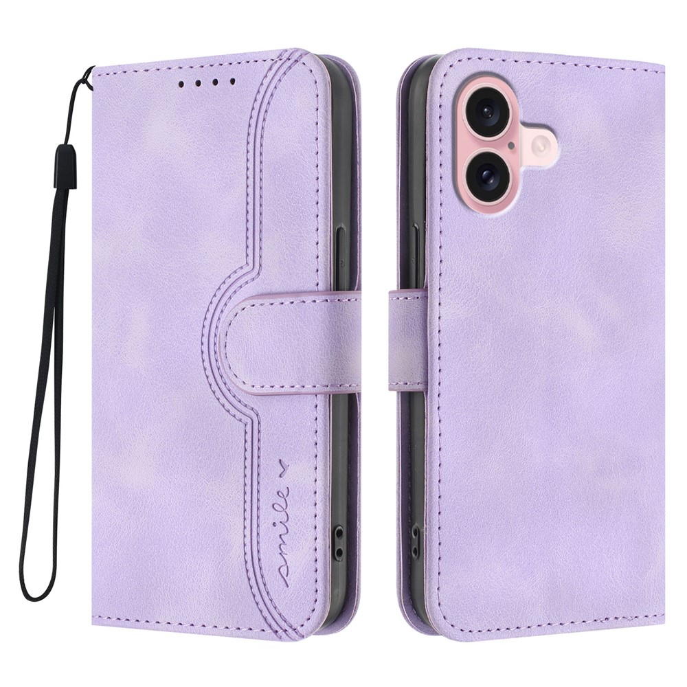 For iPhone 16 Leather Case Wallet Stand Smile Imprinted Phone Cover with Strap - Purple